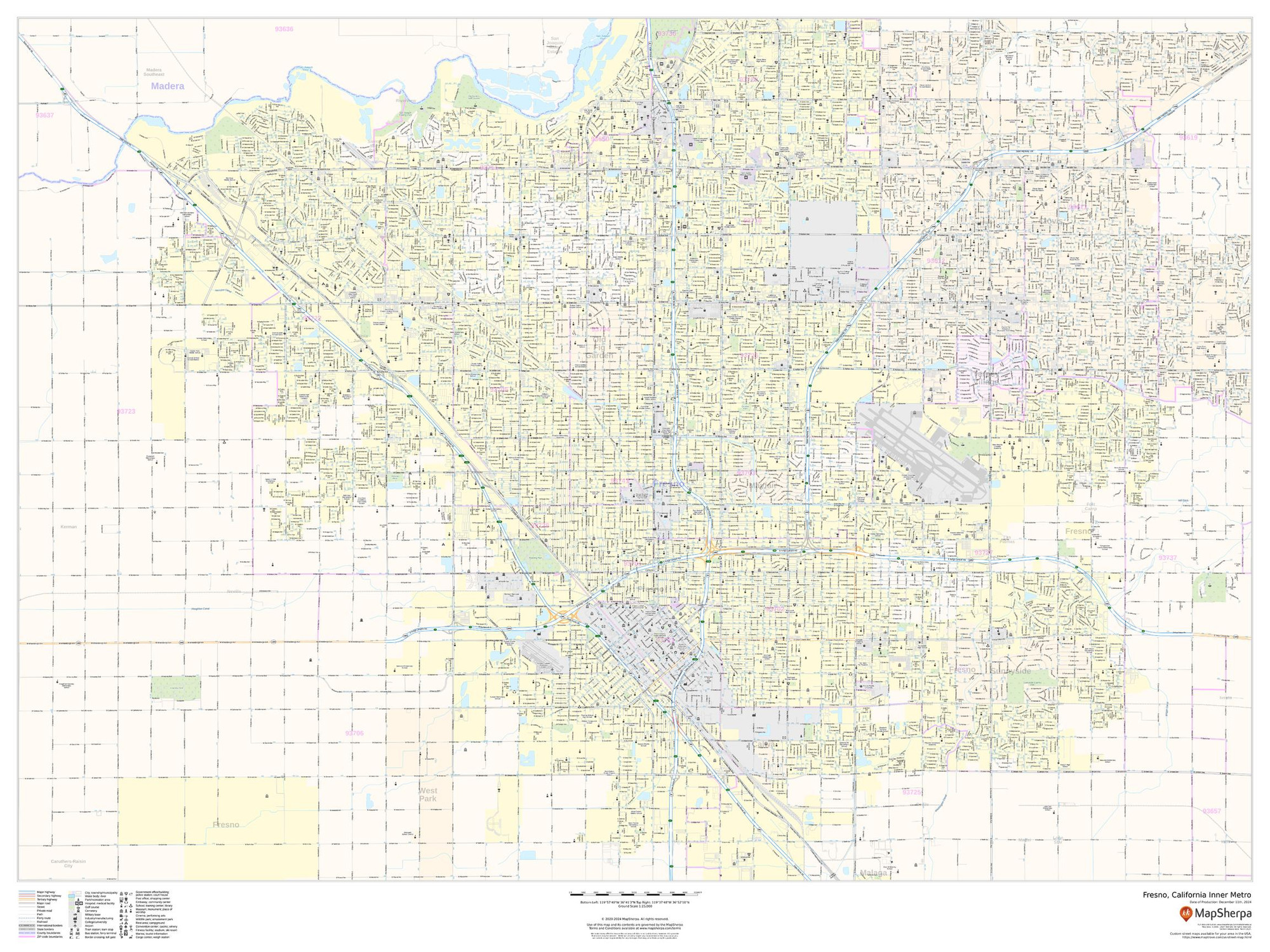 Fresno, California Inner Metro - Landscape Wall Map Fresno, California Inner Metro - Landscape Wall Map