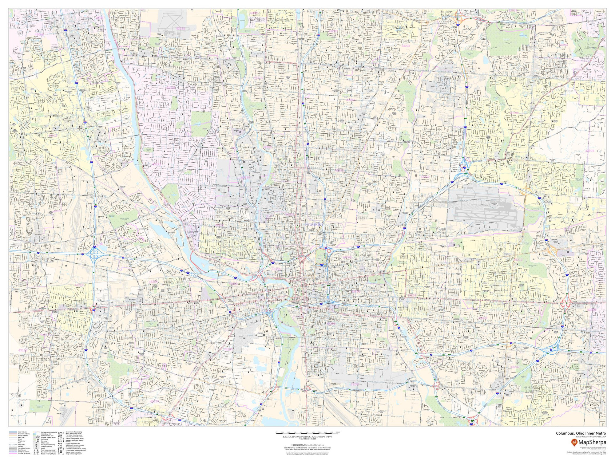 Columbus, Ohio Inner Metro - Landscape Wall Map Columbus, Ohio Inner Metro - Landscape Wall Map