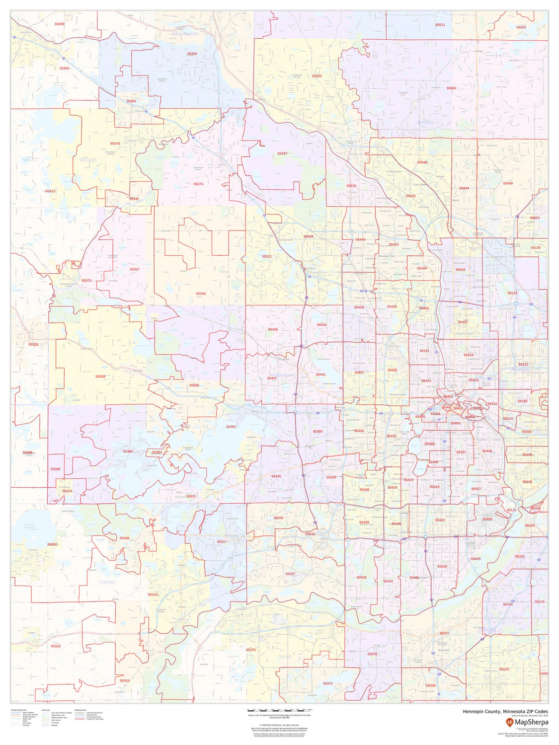 Hennepin County, Minnesota ZIP Codes Wall Map Hennepin County, Minnesota ZIP Codes Wall Map