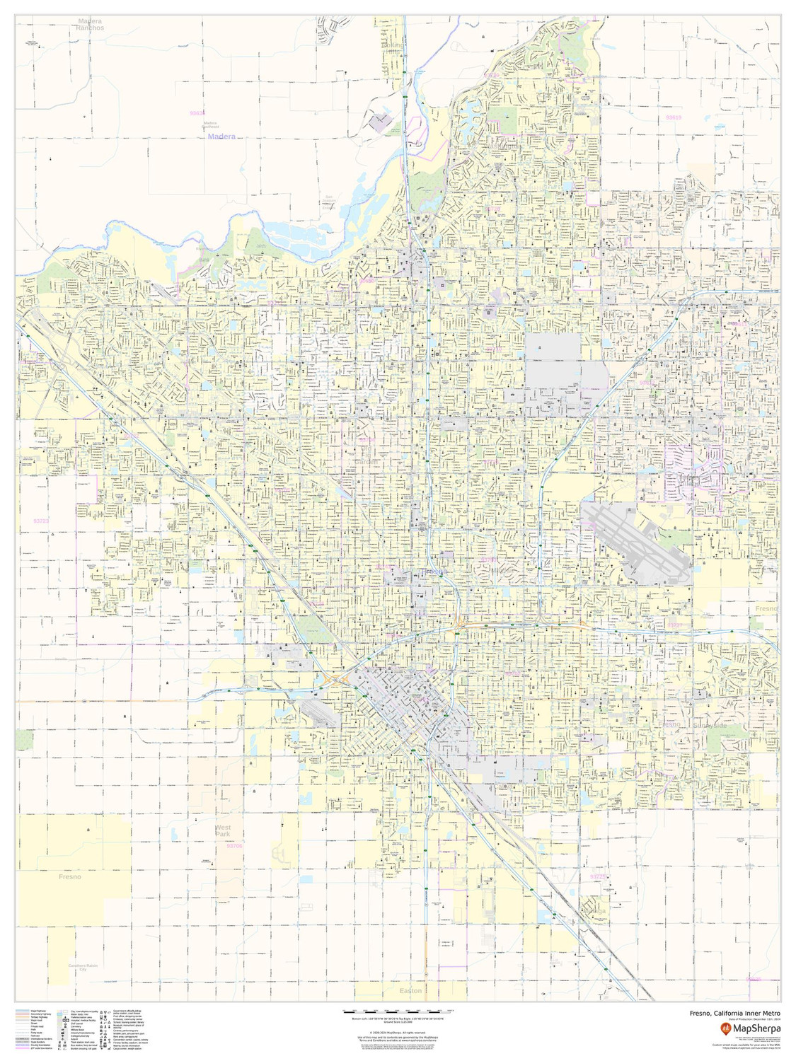 Fresno, California Inner Metro - Portrait Wall Map Fresno, California Inner Metro - Portrait Wall Map