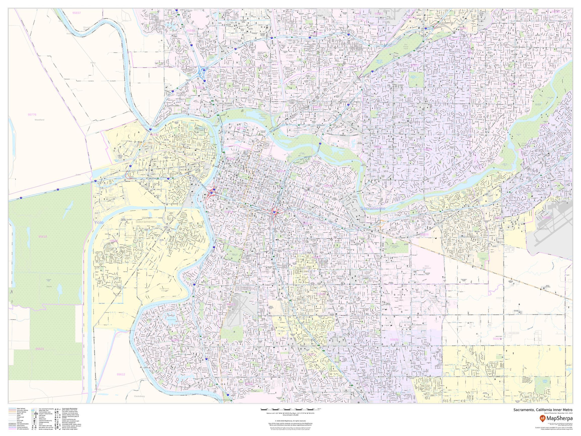 Sacramento, California Inner Metro - Landscape Wall Map Sacramento, California Inner Metro - Landscape Wall Map