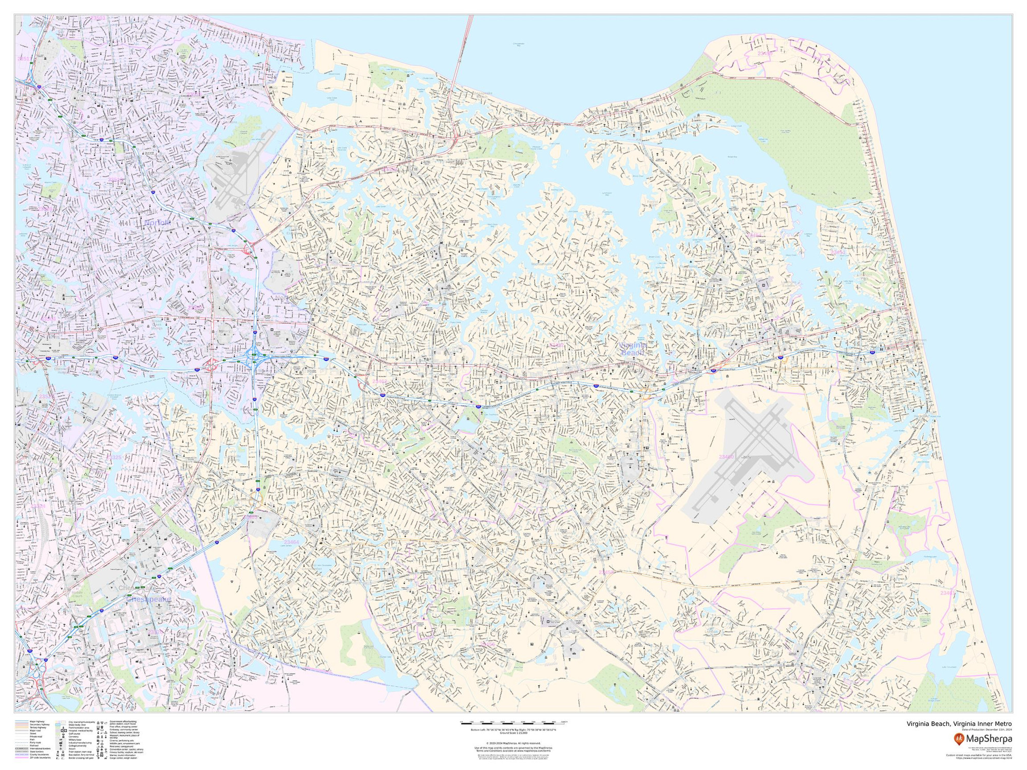 Virginia Beach, Virginia Inner Metro - Landscape Wall Map Virginia Beach, Virginia Inner Metro - Landscape Wall Map