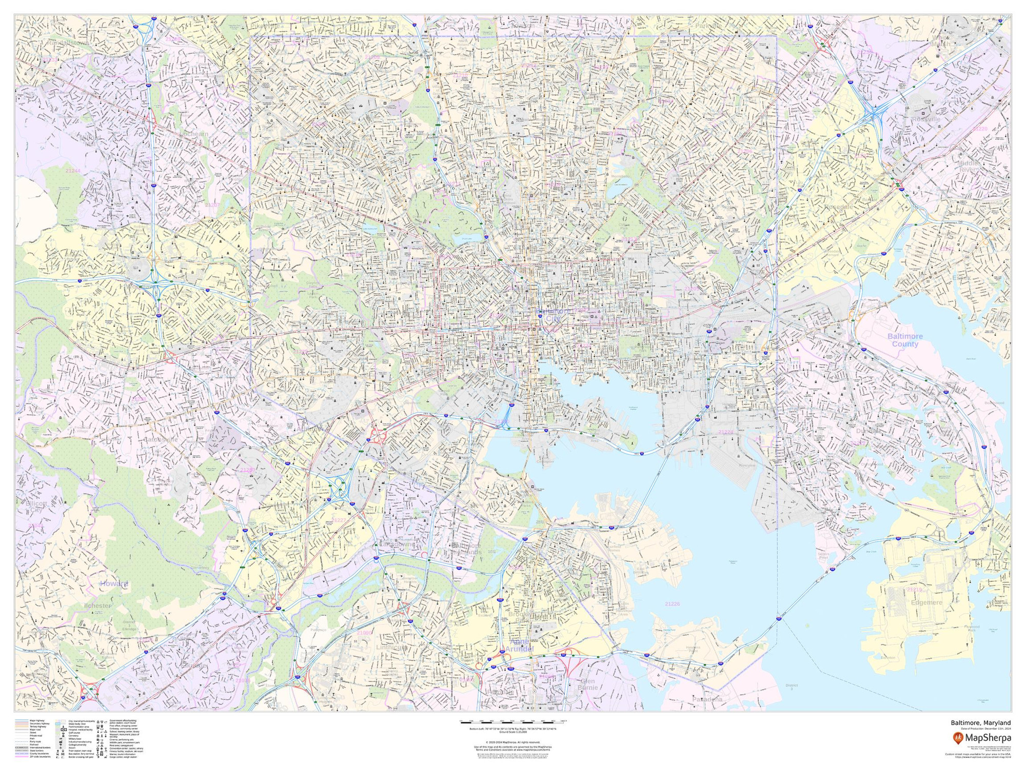 Baltimore, Maryland - Landscape Wall Map Baltimore, Maryland - Landscape Wall Map