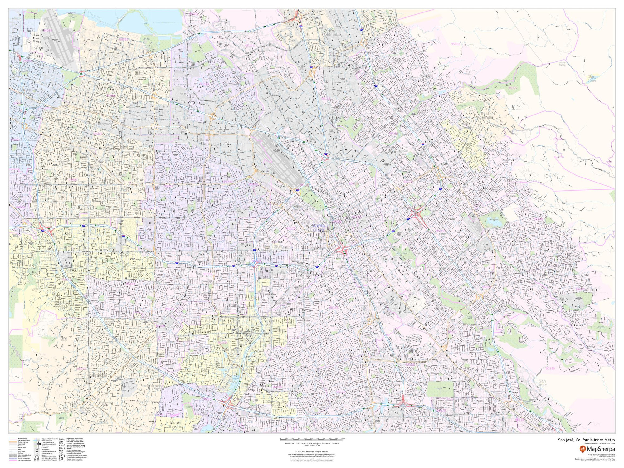San Jose, California Inner Metro - Landscape Wall Map San Jose, California Inner Metro - Landscape Wall Map