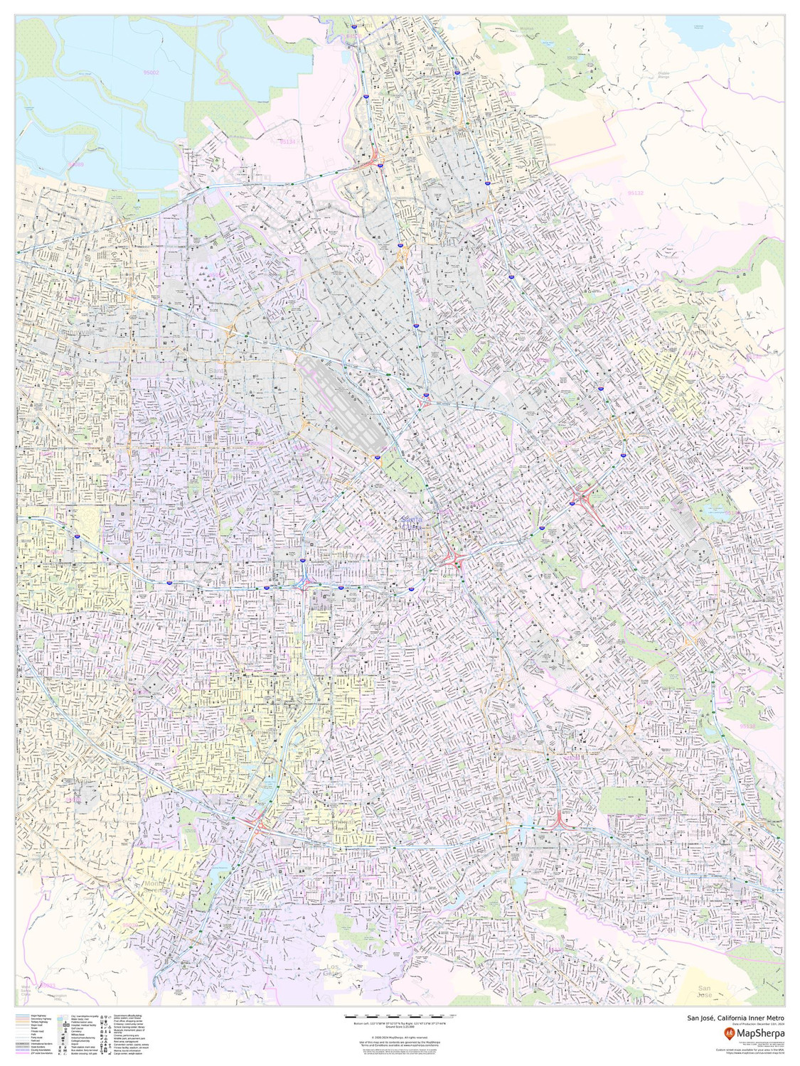 San Jose, California Inner Metro - Portrait Wall Map San Jose, California Inner Metro - Portrait Wall Map