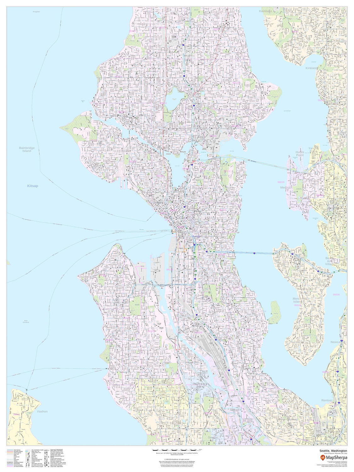 Seattle, Washington - Portrait Wall Map Seattle, Washington - Portrait Wall Map