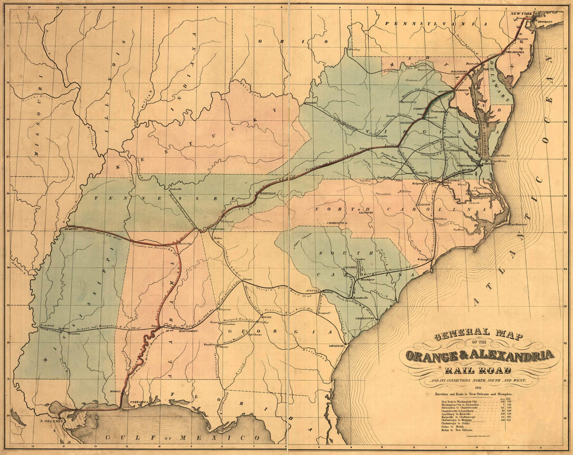 Historic Railroad Map of the Southern United States - 1851, image 1, World Maps Online