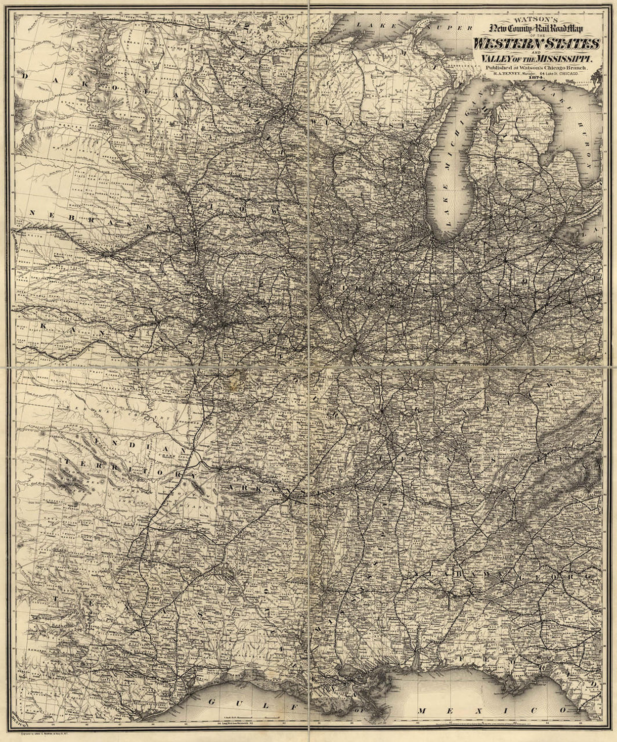 Historic Railroad Map of the Central United States - 1874, image 1, World Maps Online