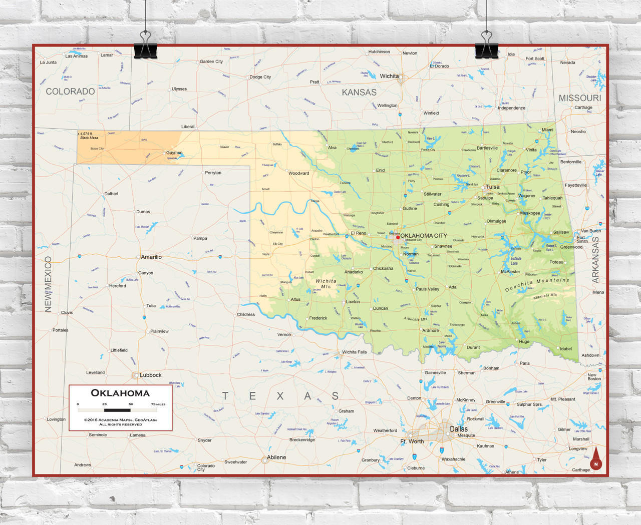 Oklahoma Wall Map Physical World Maps Online Oklahoma State Physical Wall Map 03851