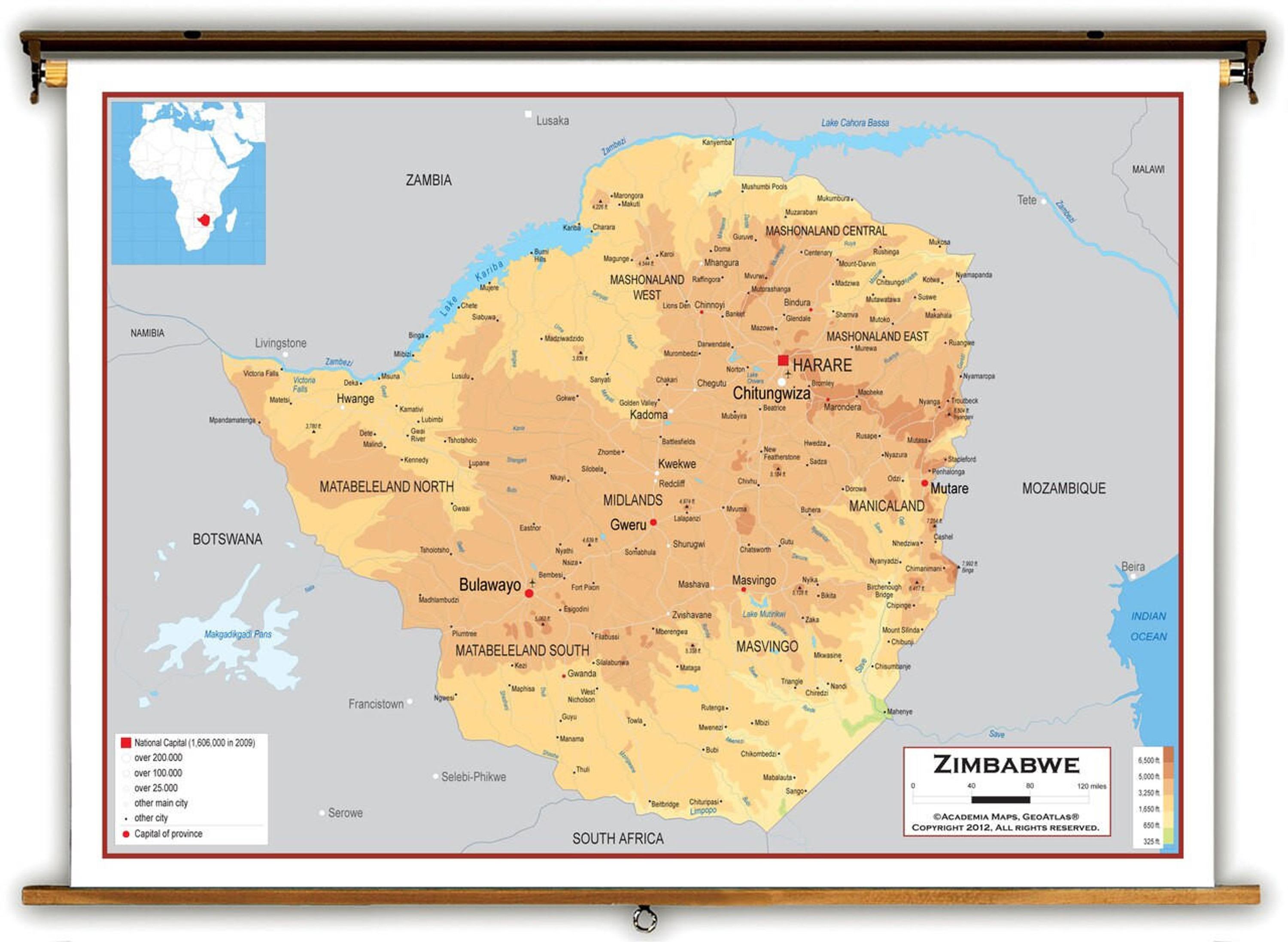 Zimbabwe Physical Educational Map from Academia Maps