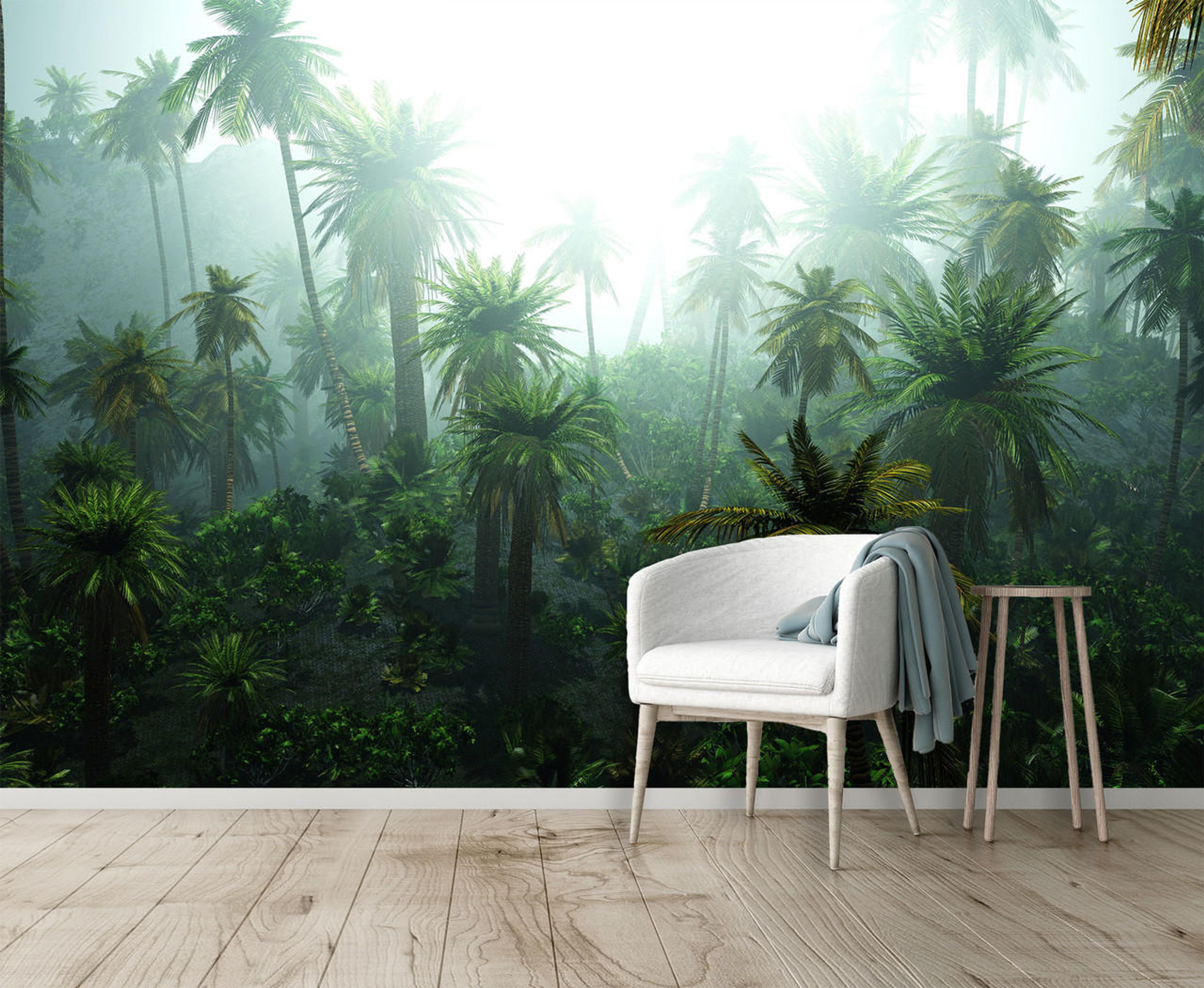 Palm Trees in Fog Jungle Scene Wall Mural