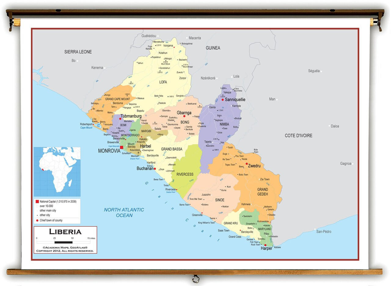 Liberia Political Educational Map from Academia Maps | World Maps Online