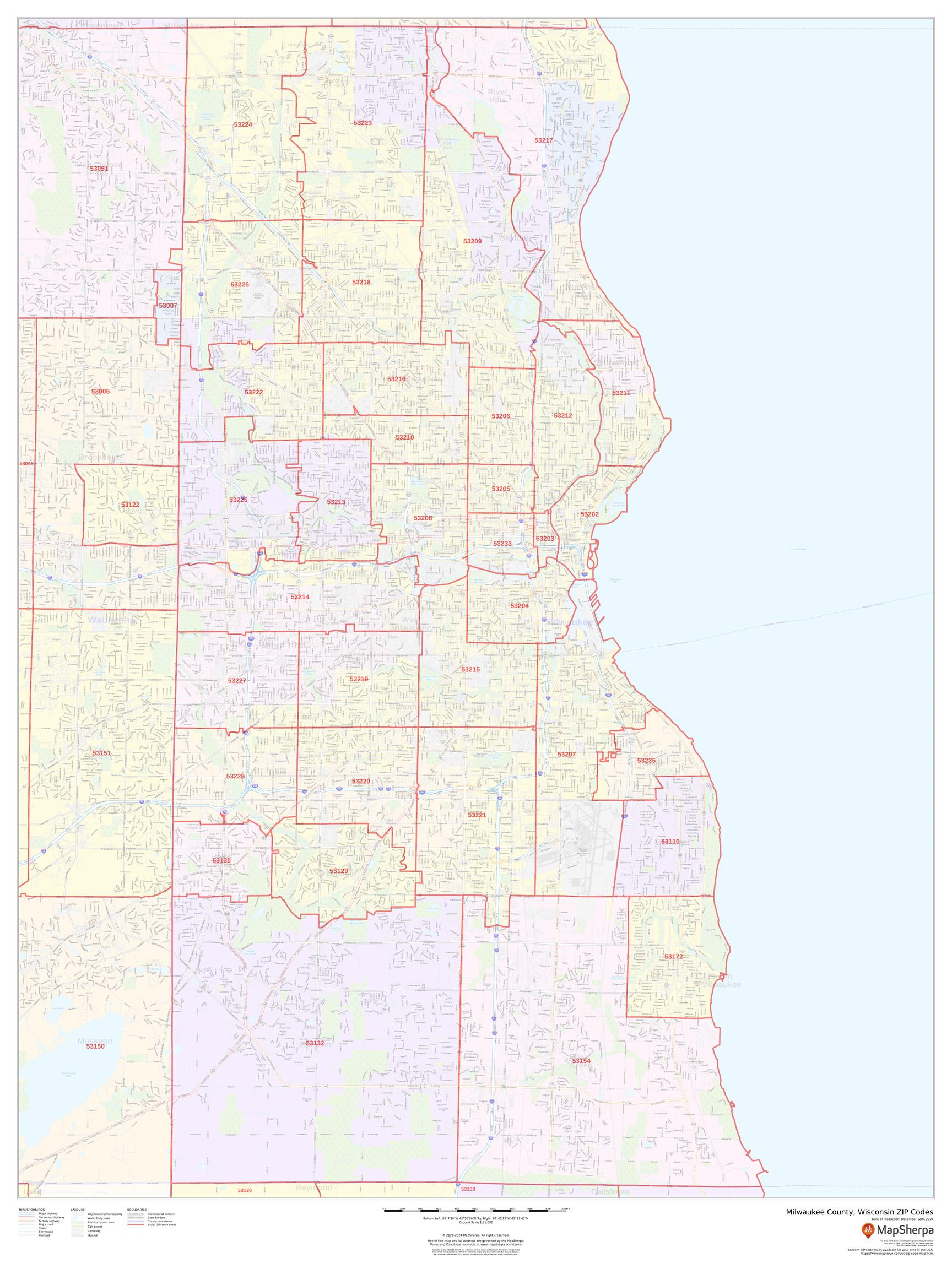 Milwaukee County, Wisconsin ZIP Codes Wall Map