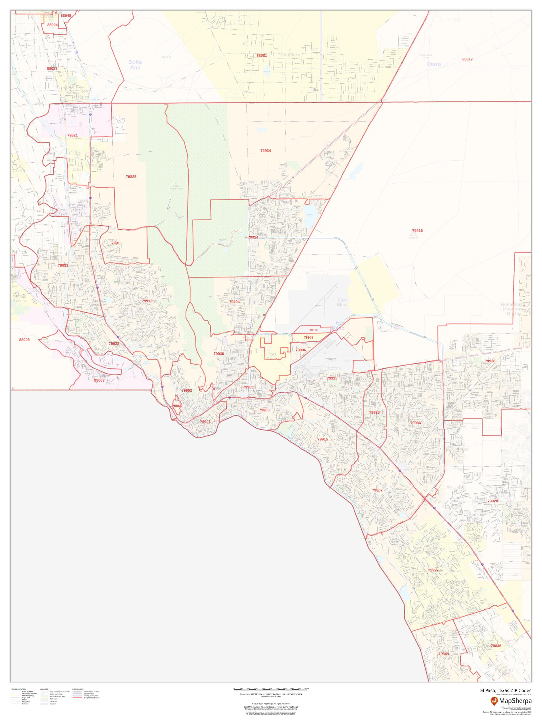 El Paso, Texas ZIP Codes Wall Map
