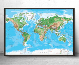 Topographic World Wall Map - Miller Projection