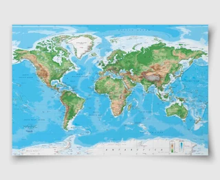 Topographic World Wall Map - Miller Projection