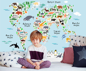 Kids Illustrated Animals of the World Map Mural - Pale Blue Oceans, image 1, World Maps Online