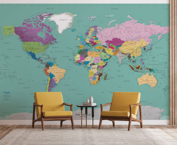 Teal Ocean Colorful World Political Map Wall Mural - Detailed - Removable Wallpaper in Room