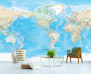America's Centered Standard Blue Ocean World Political Map Wall Mural, image 1, World Maps Online
