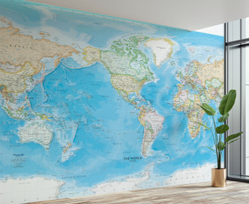 America's Centered Standard Blue Ocean World Political Map Wall Mural in Room