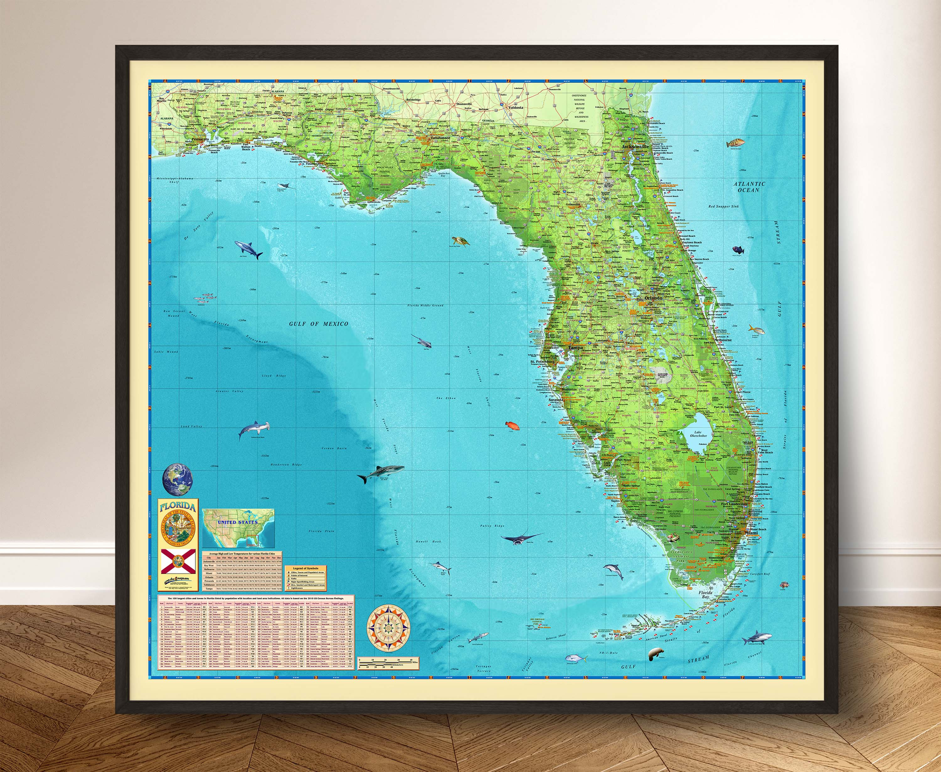 Florida Illustrated Wall Map from Compart - Black Frame