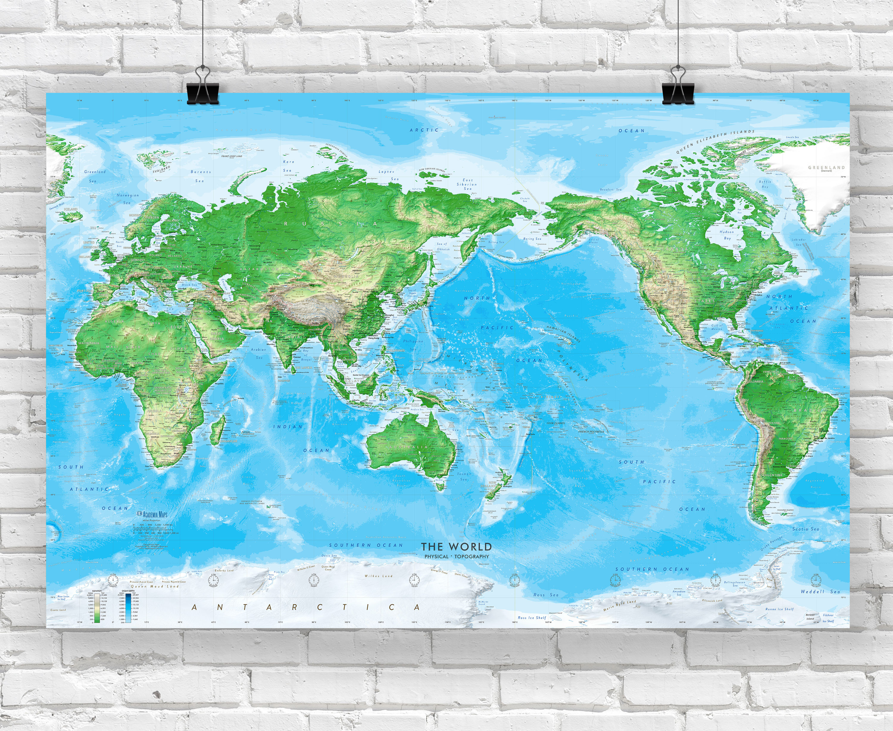 Detailed World Physical Wall Map - Pacific Centered at 150 E