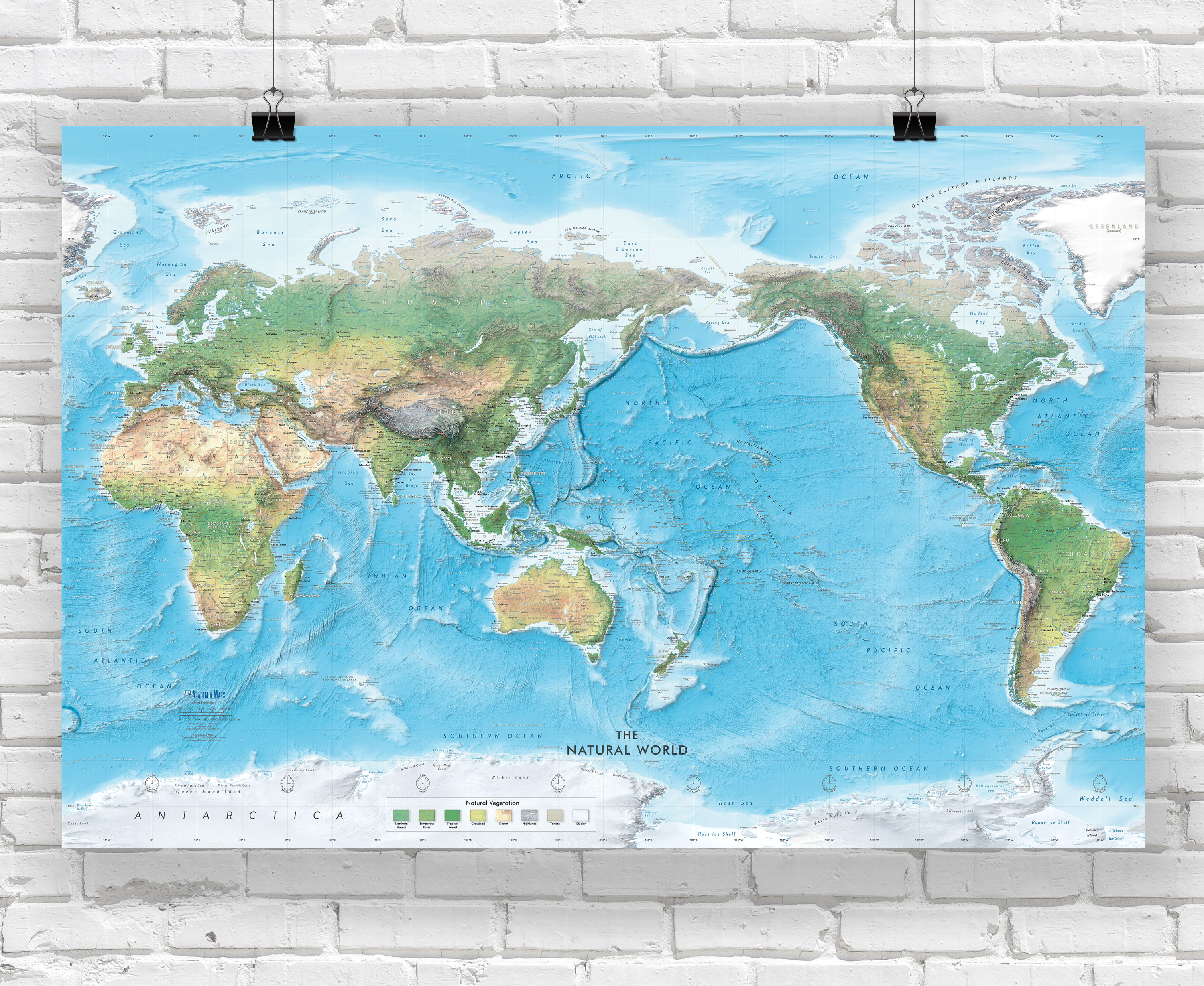 Natural World Physical Wall Map - Pacific Centered at 150 E