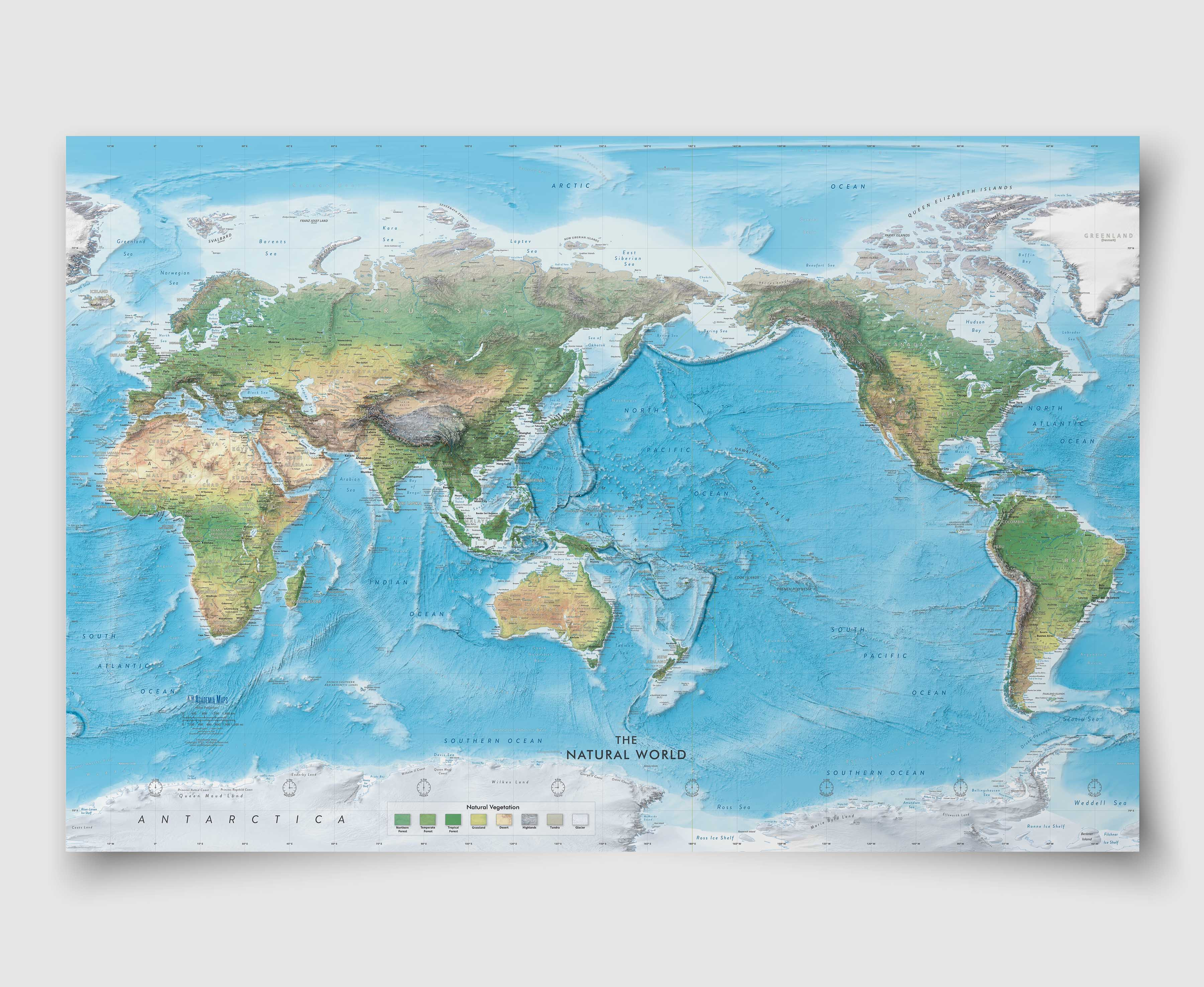 Natural World Physical Wall Map - Pacific Centered at 150 E Archival Paper Print