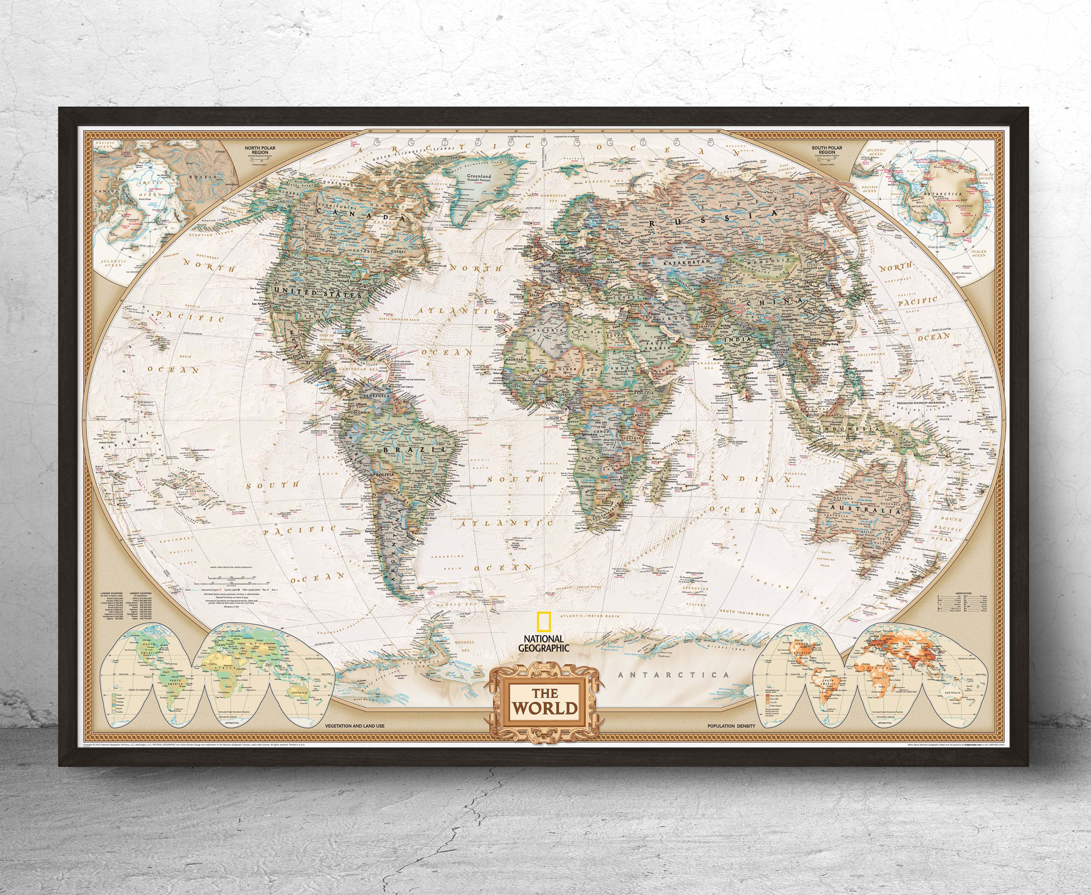 National Geographic World Executive Political Wall Map in Black Wood Frame