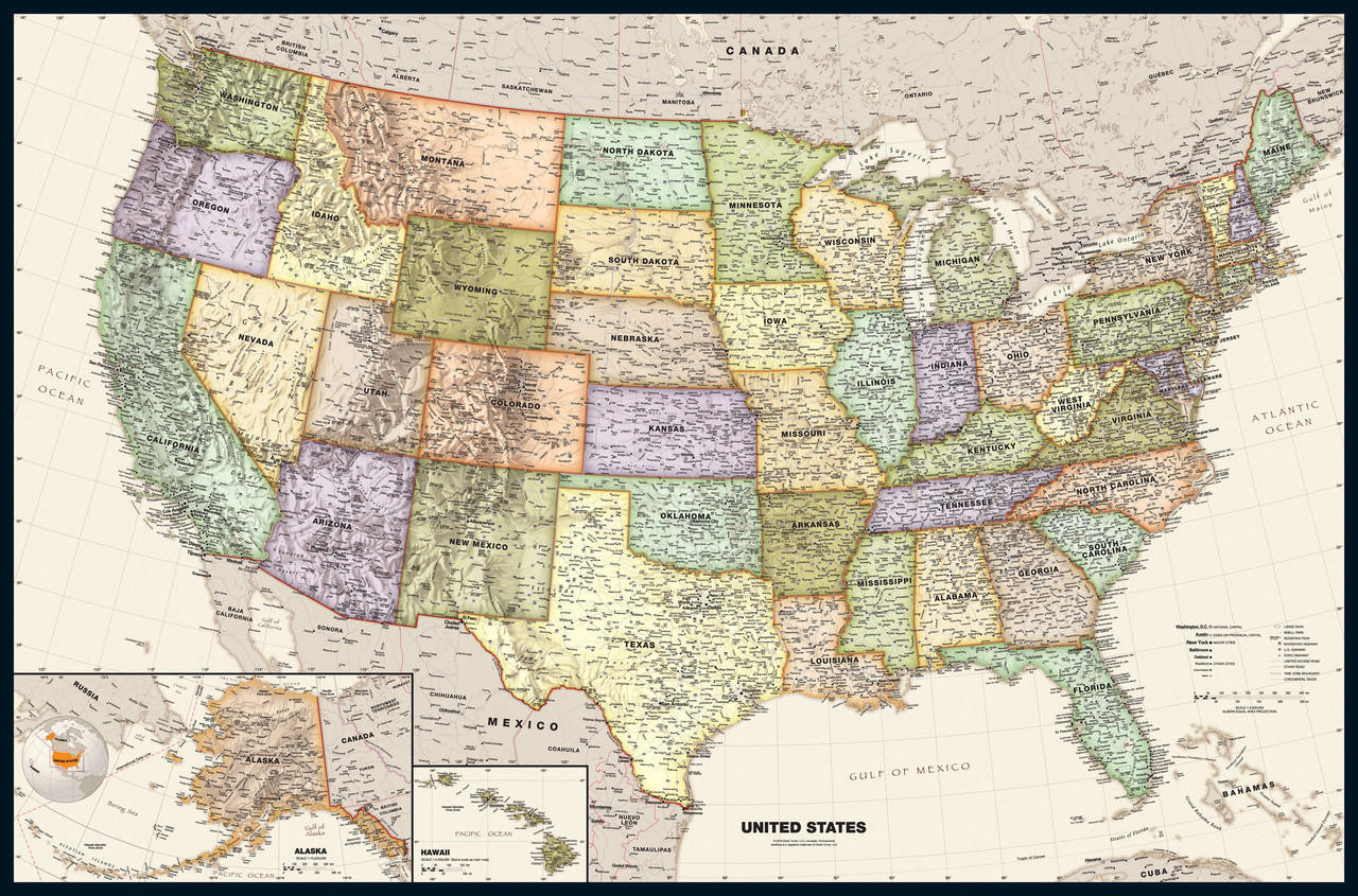 Legacy United States Wall Map with Antique Oceans, image 1, World Maps Online