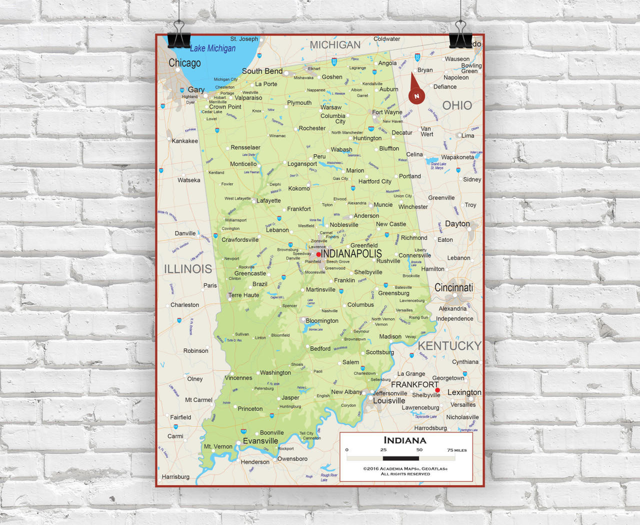 Indiana Wall Map - Physical, image 1, World Maps Online