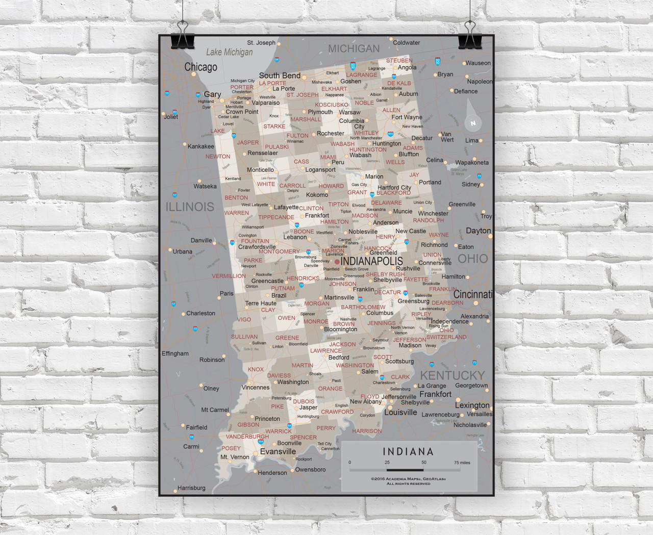 Indiana Wall Map - Executive, image 1, World Maps Online