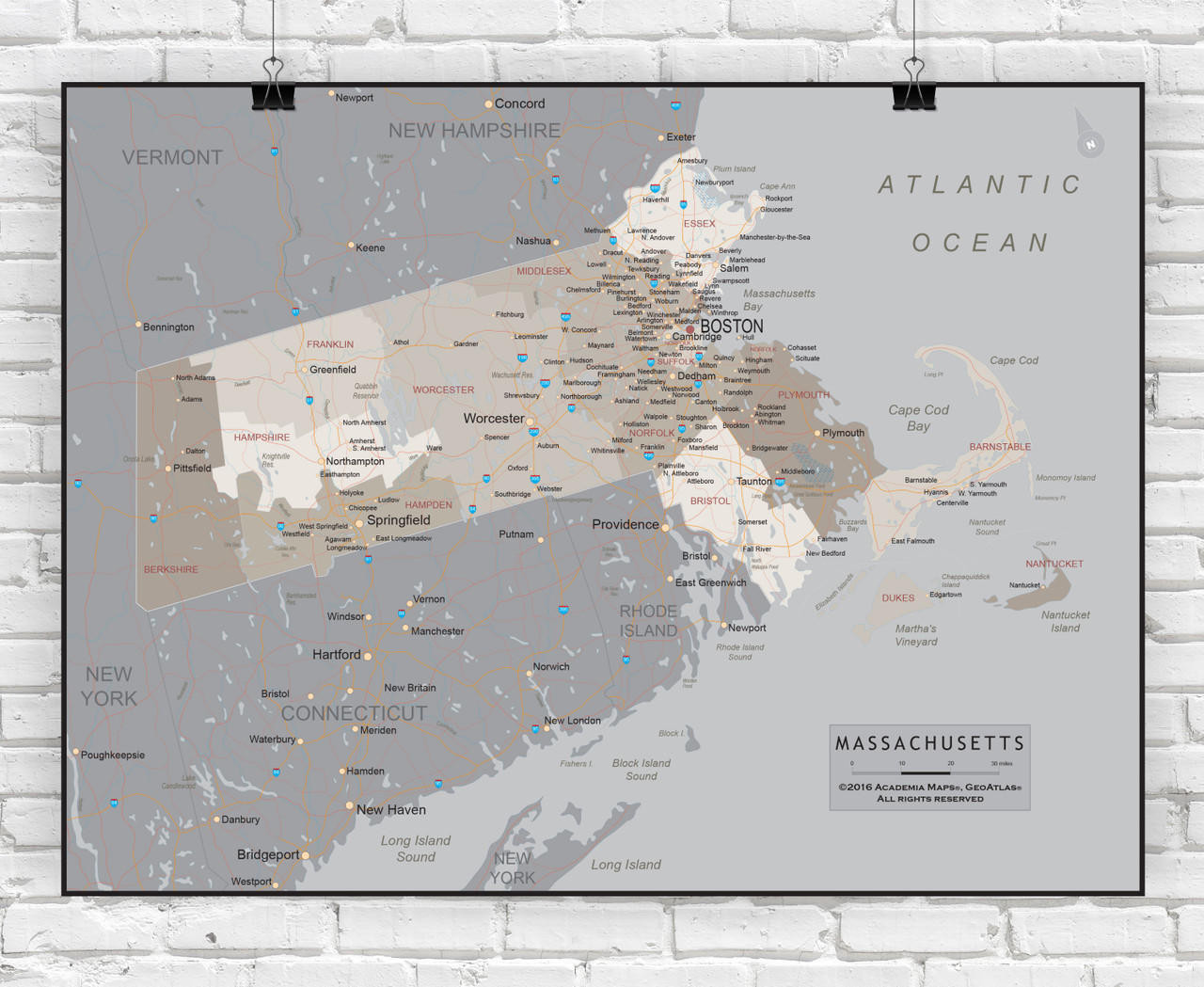 Massachusetts Wall Map - Executive, image 1, World Maps Online