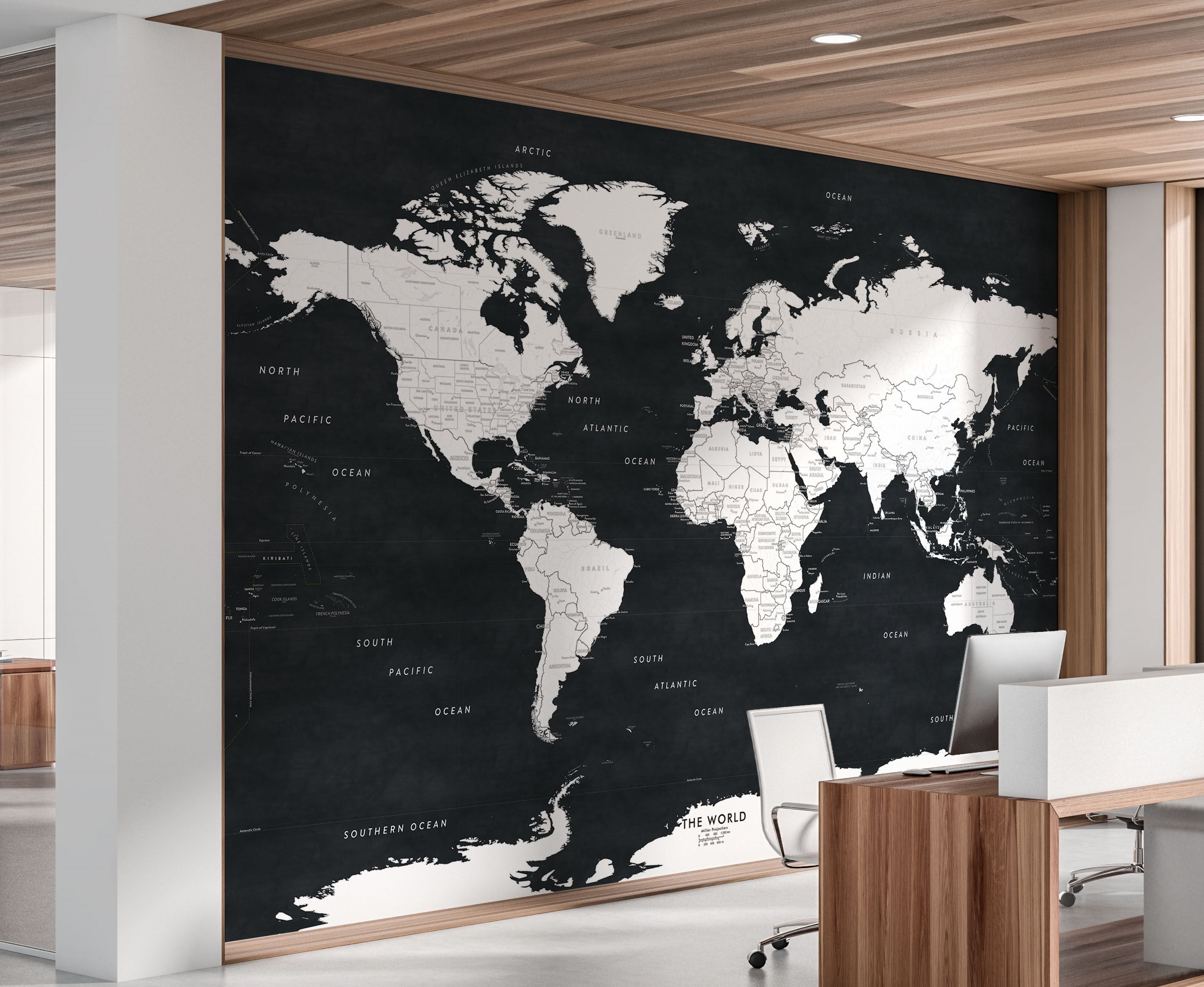 Black and White World Map Wallpaper Mural in Room
