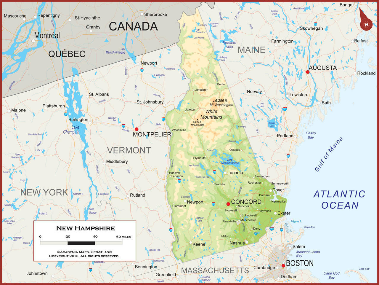 New Hampshire Wall Map - Physical, image 1, World Maps Online