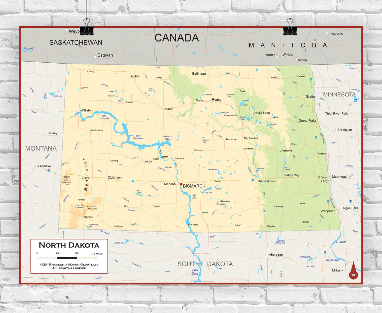 North Dakota Wall Map - Physical, image 1, World Maps Online