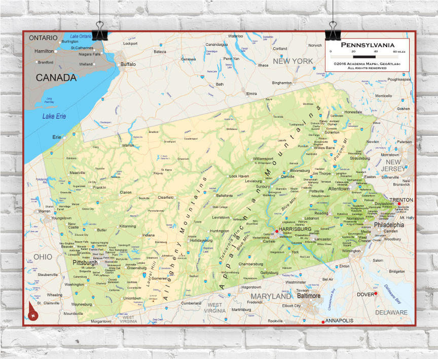 Pennsylvania Wall Map - Physical, image 1, World Maps Online