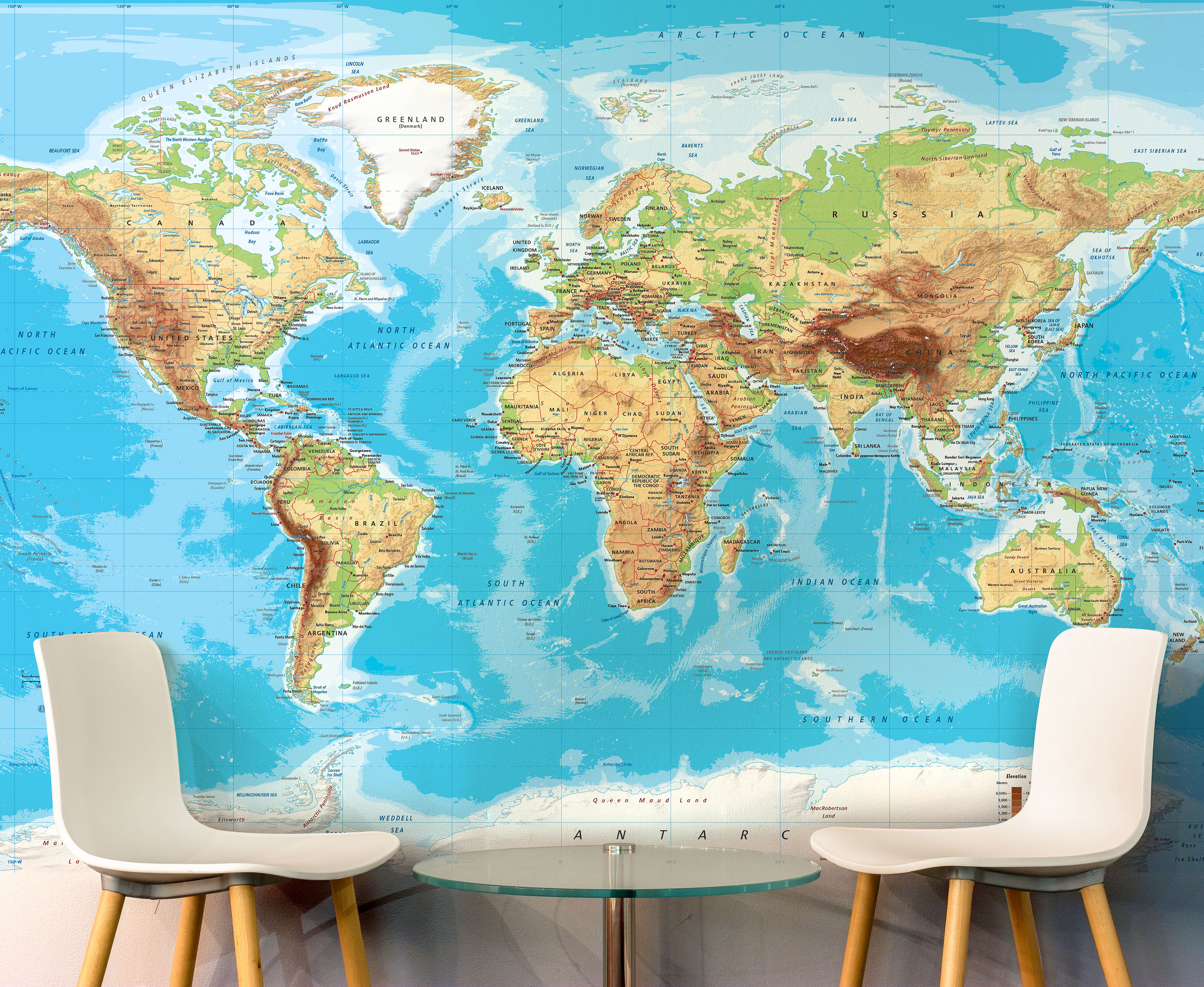 Physical World Map Wall Mural - Miller Projection - Removable Wallpaper, World Maps Online