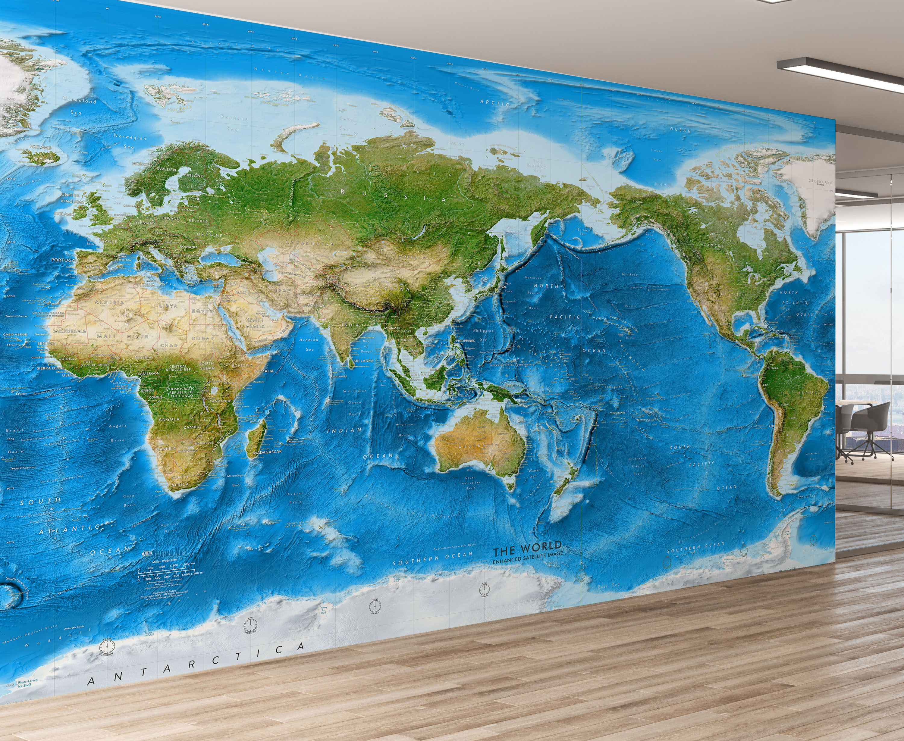 Enhanced World Satellite Image Map Mural - Pacific Centered Map - Removable Wallpaper in Room