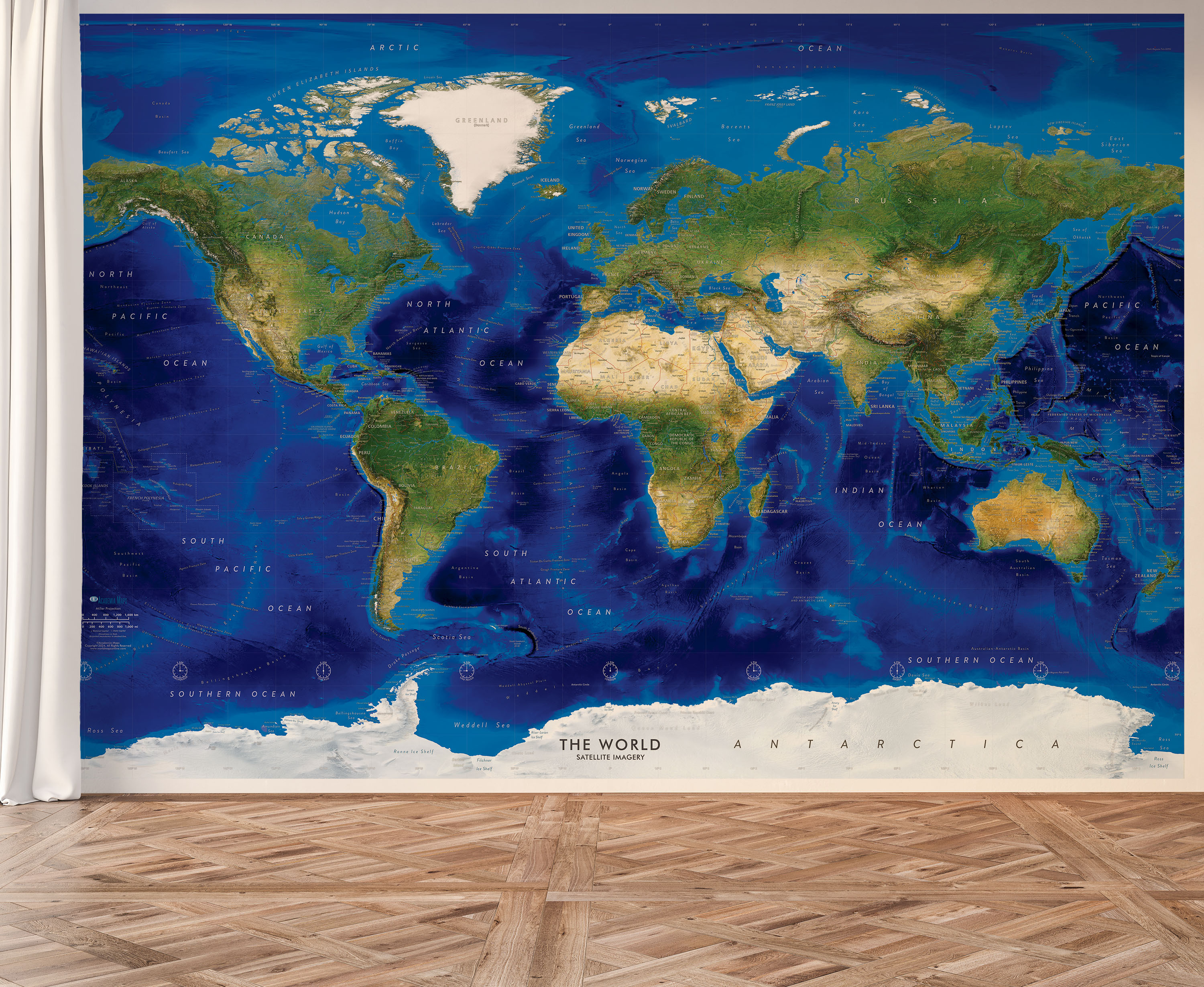 Detailed World Topography & Bathymetry Satellite Image Map Mural in Room