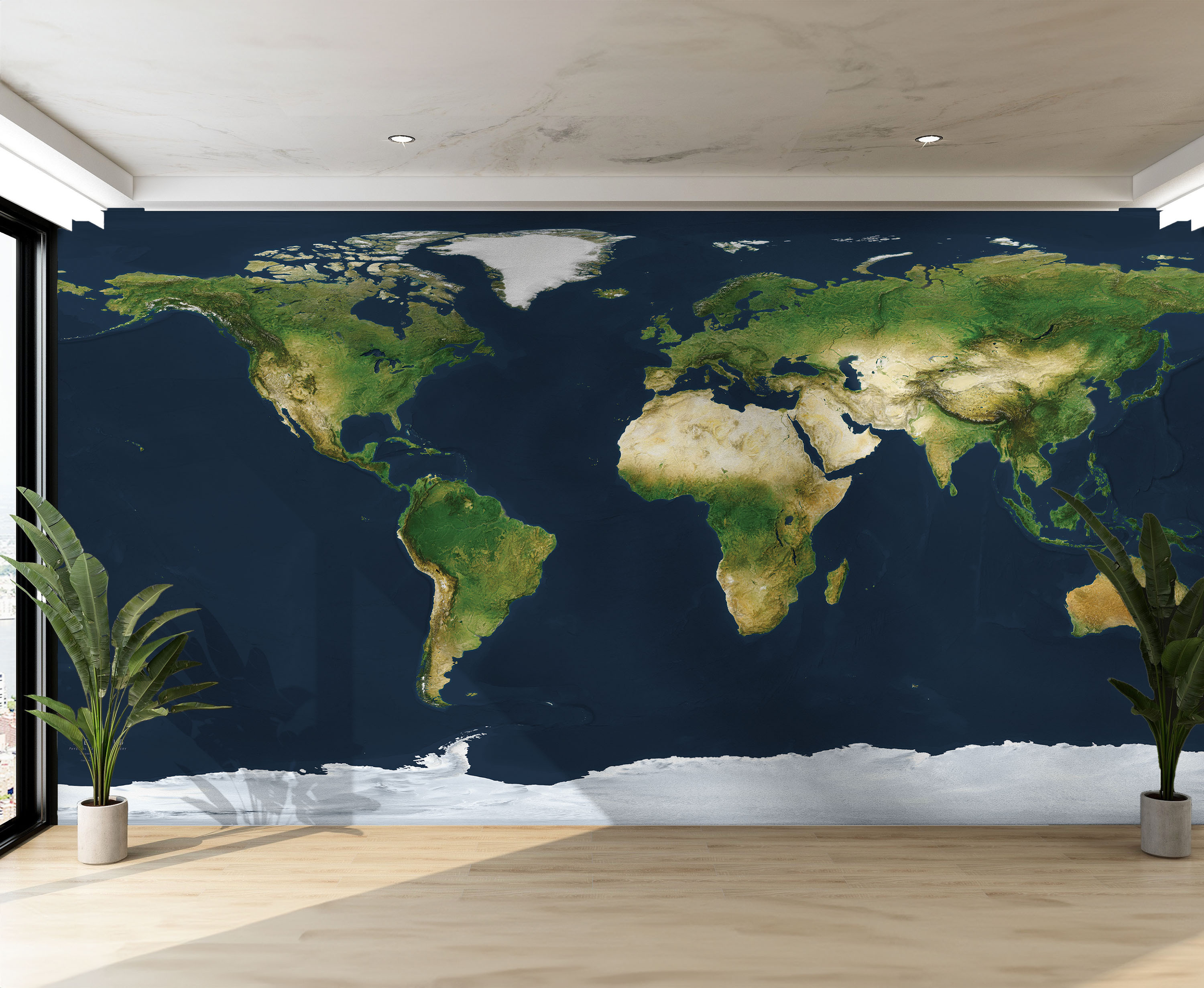 Physical Earth Navy Ocean World Satellite Imagery Map Mural with No Labels in Room