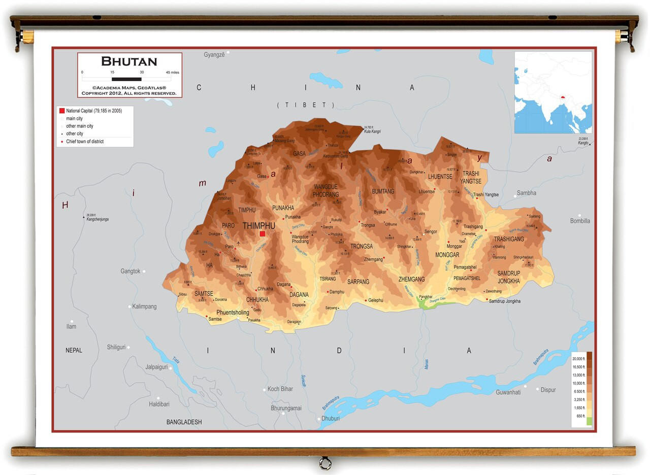 Bhutan Physical Educational Map from Academia Maps, image 1, World Maps Online