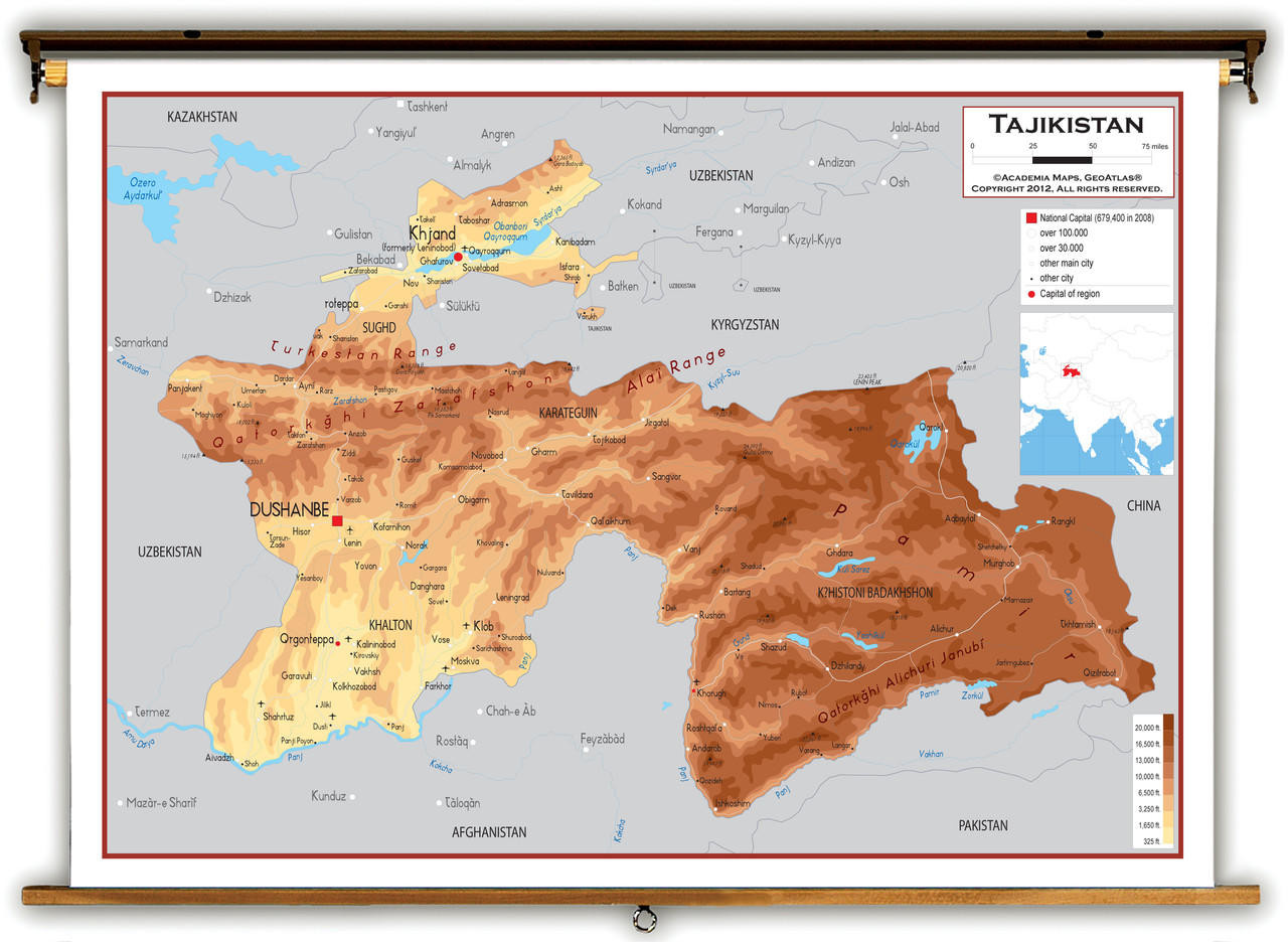 Tajikistan Physical Educational Map from Academia Maps, image 1, World Maps Online
