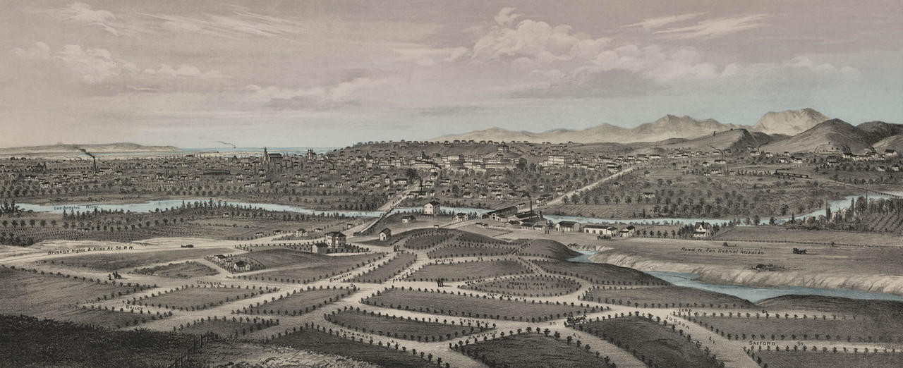 Los Angeles 1877 Birds-Eye View w/ Blue Water Wall Map, image 1, World Maps Online