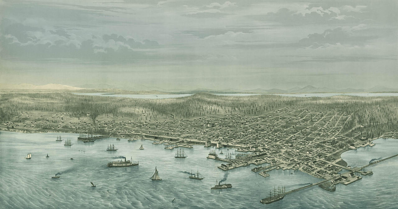 Seattle 1878 Birds-Eye View - B&W w/ Blue Water, image 1, World Maps Online