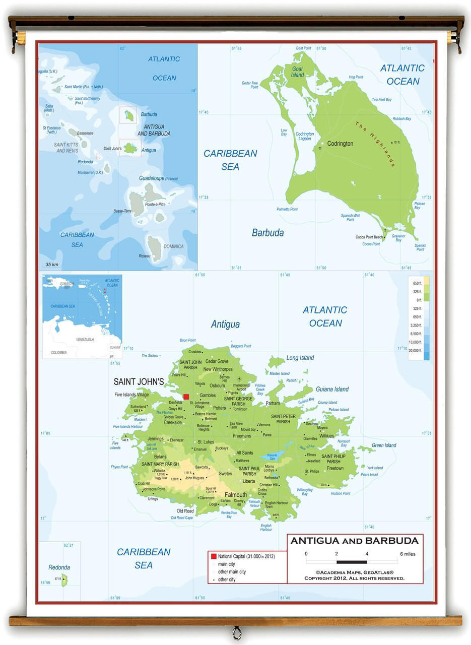Antigua and Barbuda Physical Educational Map from Academia Maps, image 1, World Maps Online