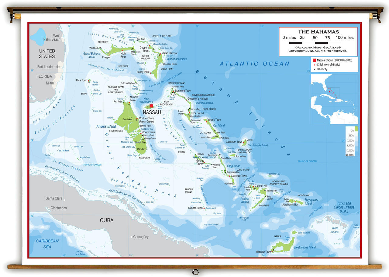 The Bahamas Physical Educational Wall Map from Academia Maps, image 1, World Maps Online