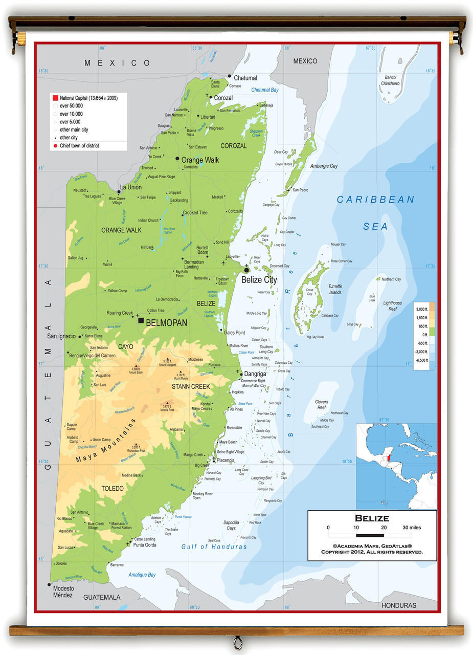 Belize Physical Educational Wall Map from Academia Maps, image 1, World Maps Online