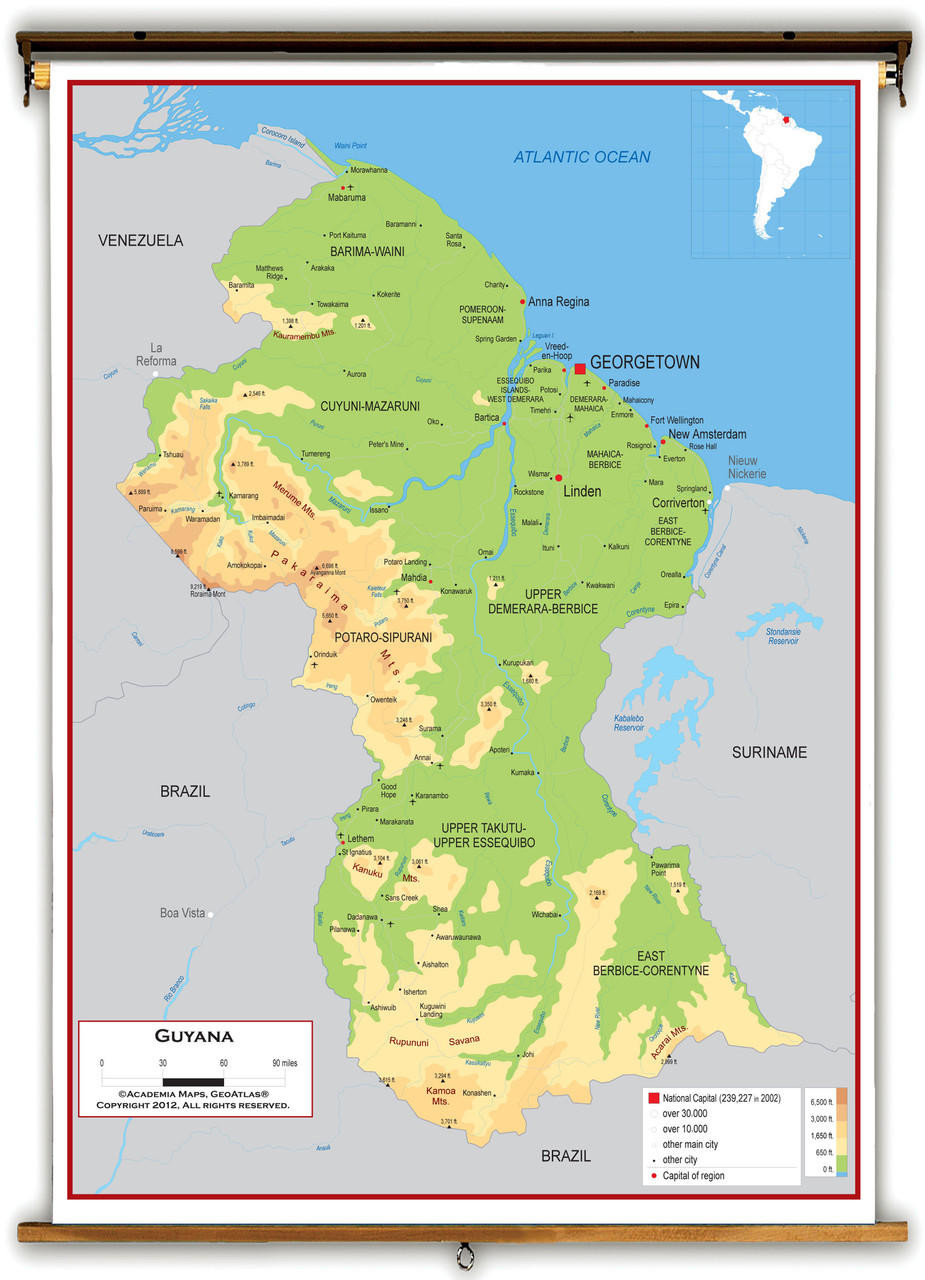 Guyana Physical Educational Wall Map from Academia Maps, image 1, World Maps Online