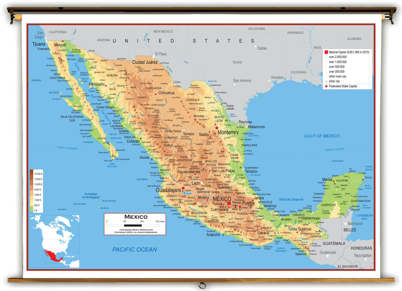 Mexico Physical Educational Wall Map from Academia Maps, image 1, World Maps Online